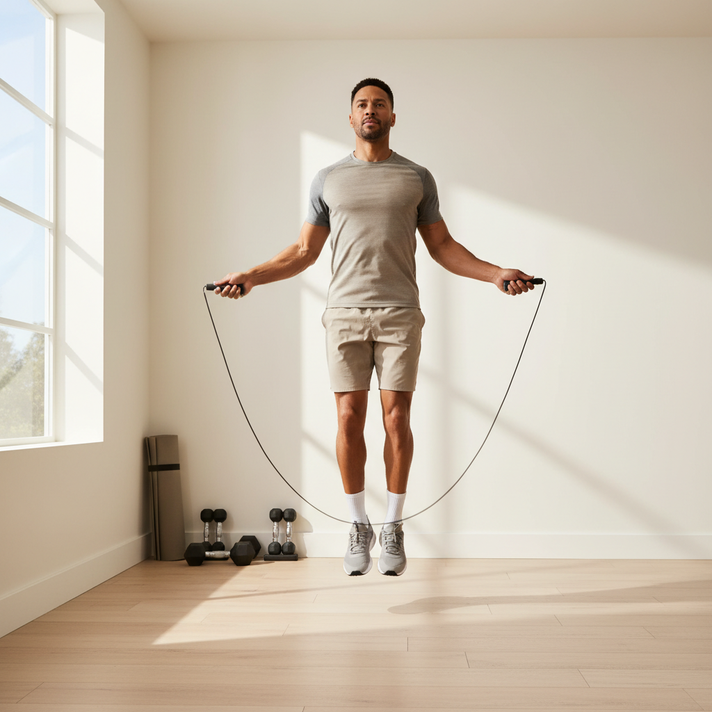 Person doing jump rope fitness in a small home gym space