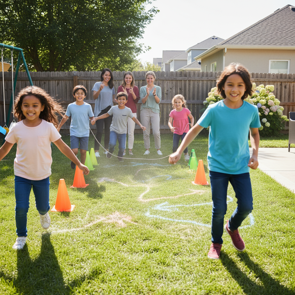Kids doing fun fitness activities in a backyard obstacle course