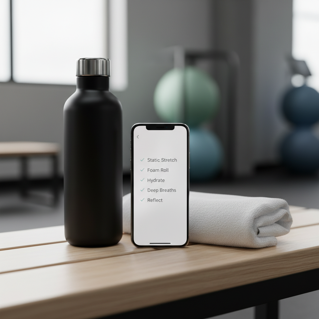 Post-workout cool down checklist on a phone next to water bottle and towel