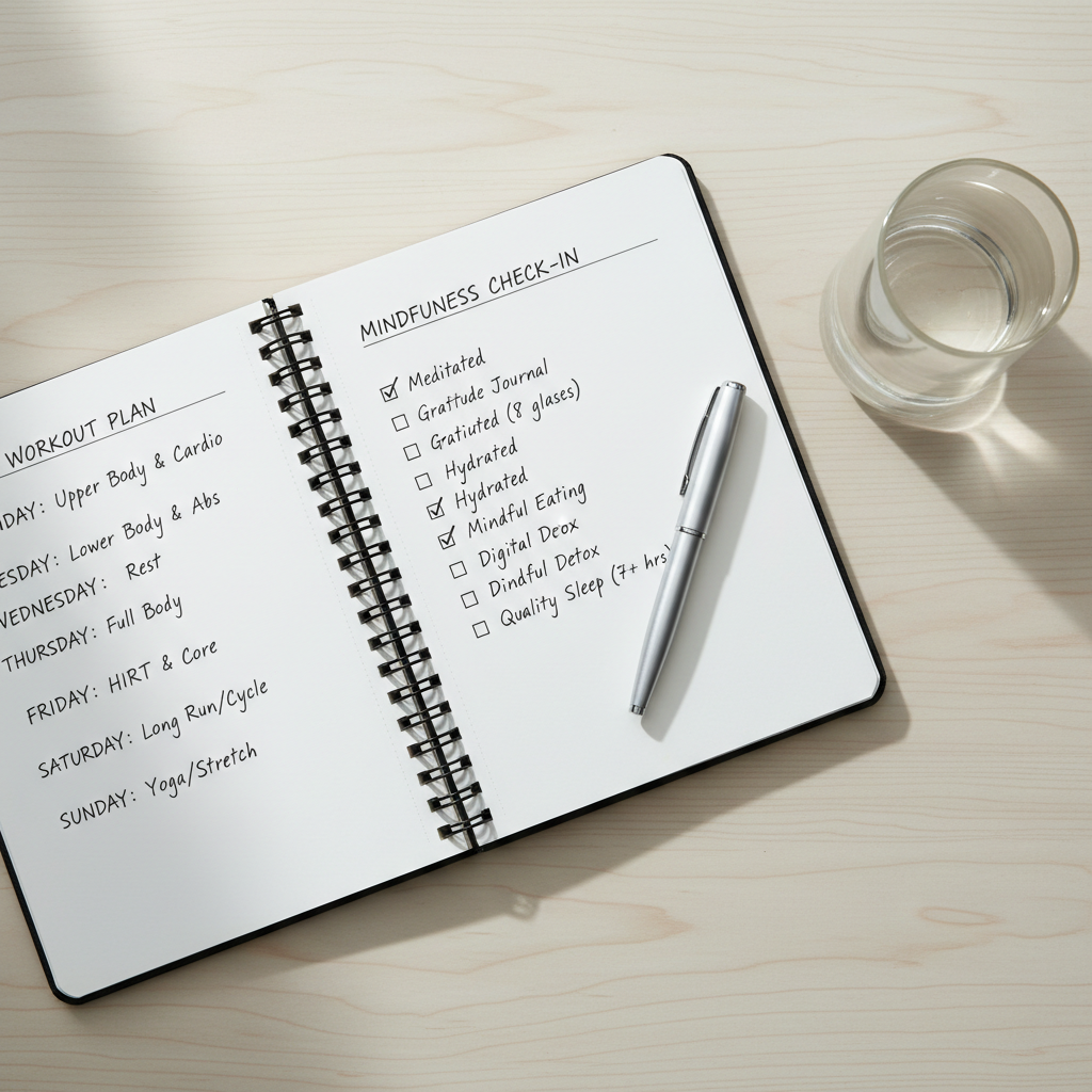 Simple mindful training weekly plan on a notebook with workout checklist