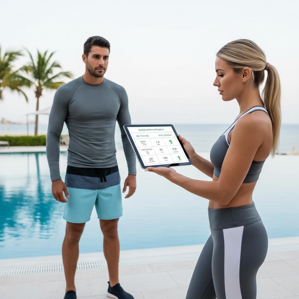 Comparison table concept for water sports and full body fitness benefits