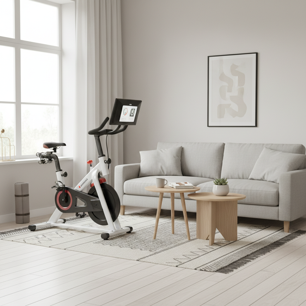 Compact home exercise bike in a small apartment living room
