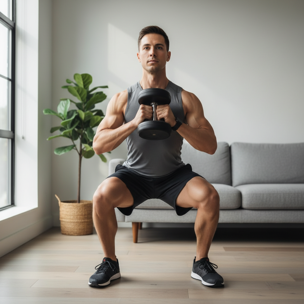 Person doing a dumbbell squat at home with good form and neutral spine