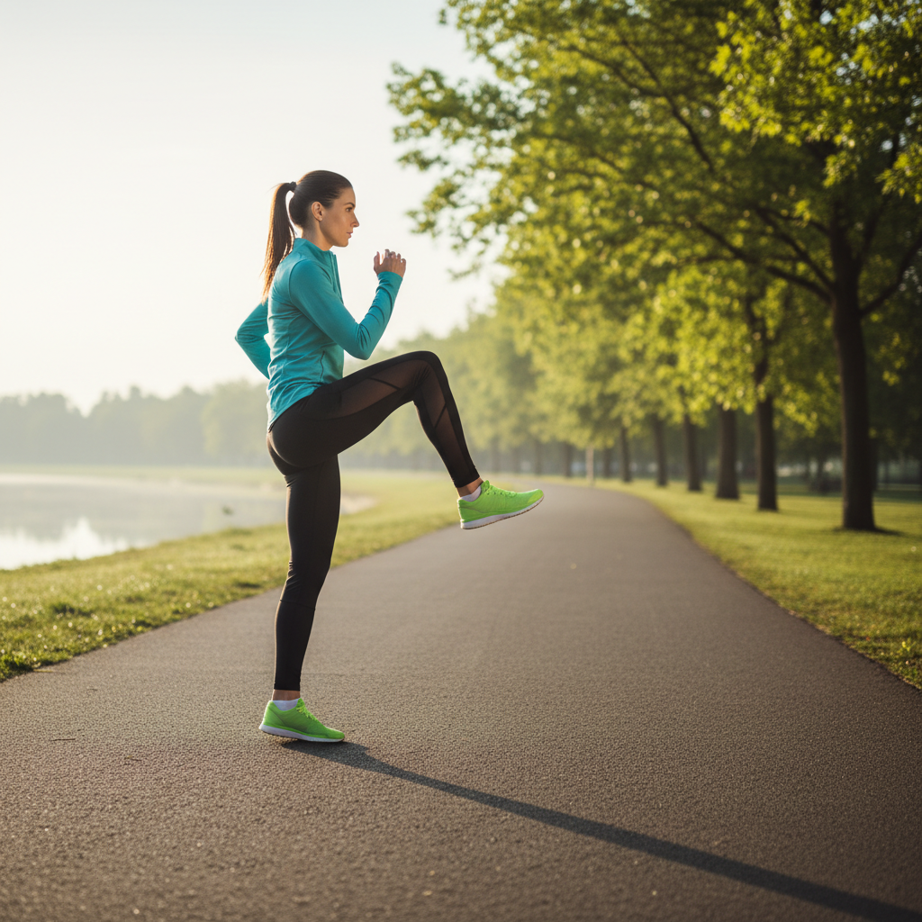 Runner doing dynamic warmup stretches before a run outdoors