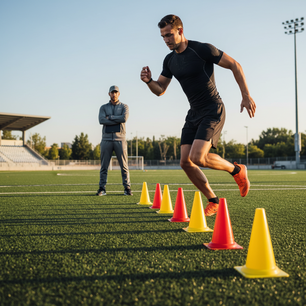 Athlete practicing agility training cone drills on an outdoor field