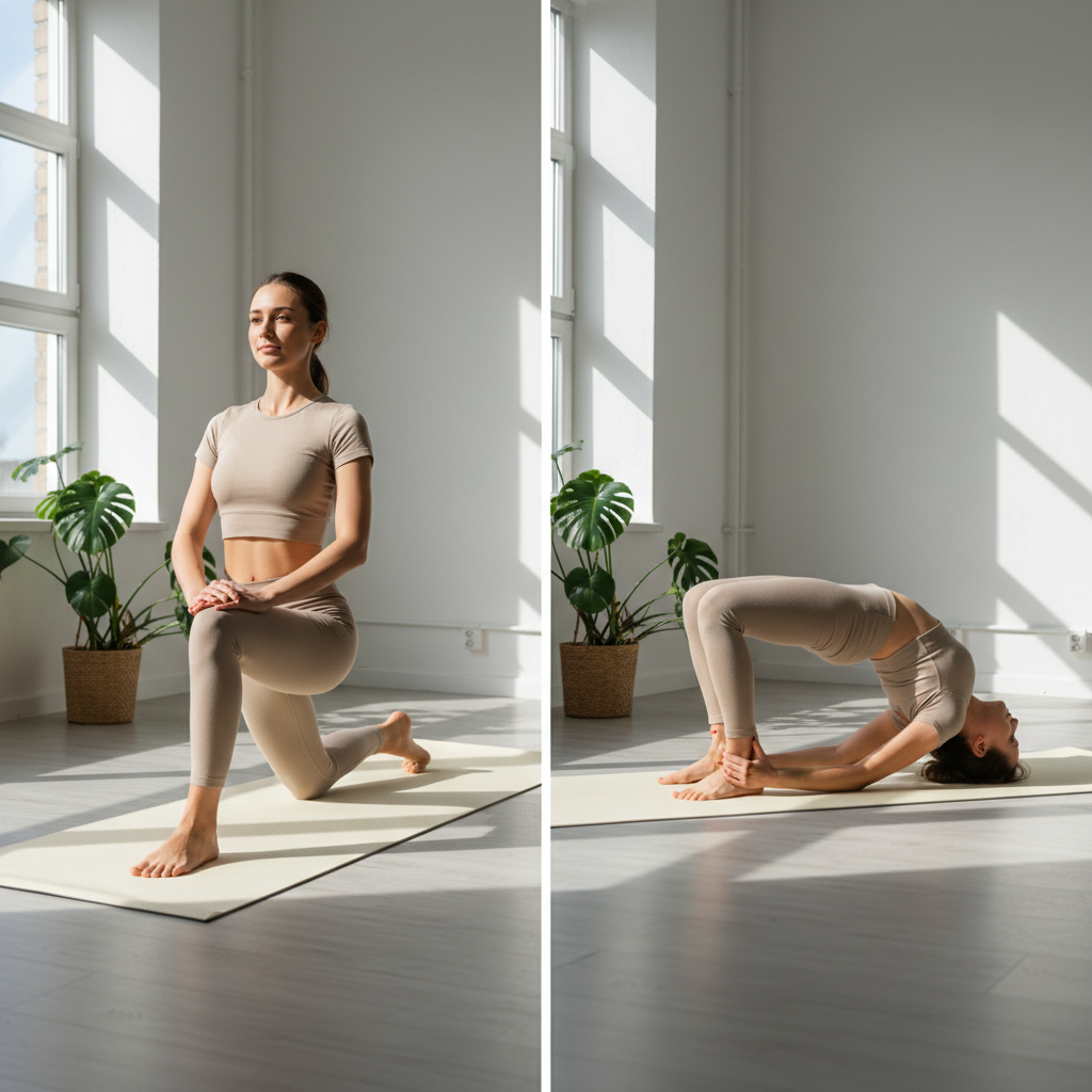 Beginner-friendly yoga flow sequence at home with gentle lunge and bridge pose