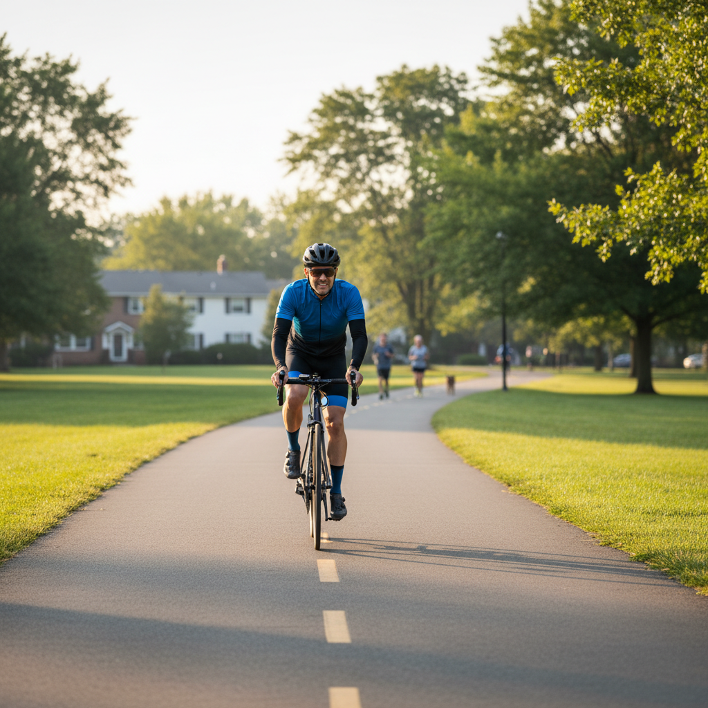 Cyclist riding on a safe bike path for fitness training