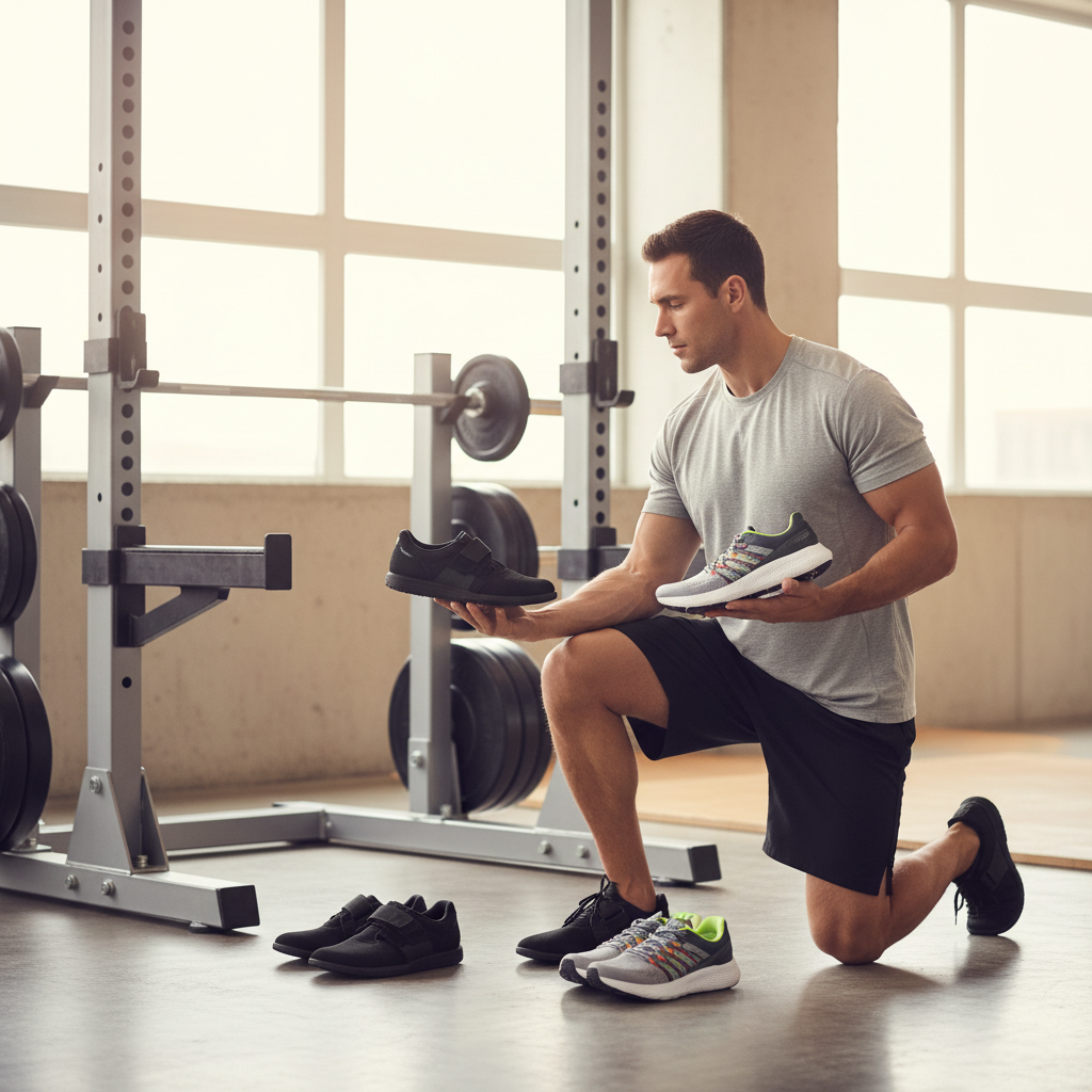 Gym trainee choosing training shoes for lifting and cardio