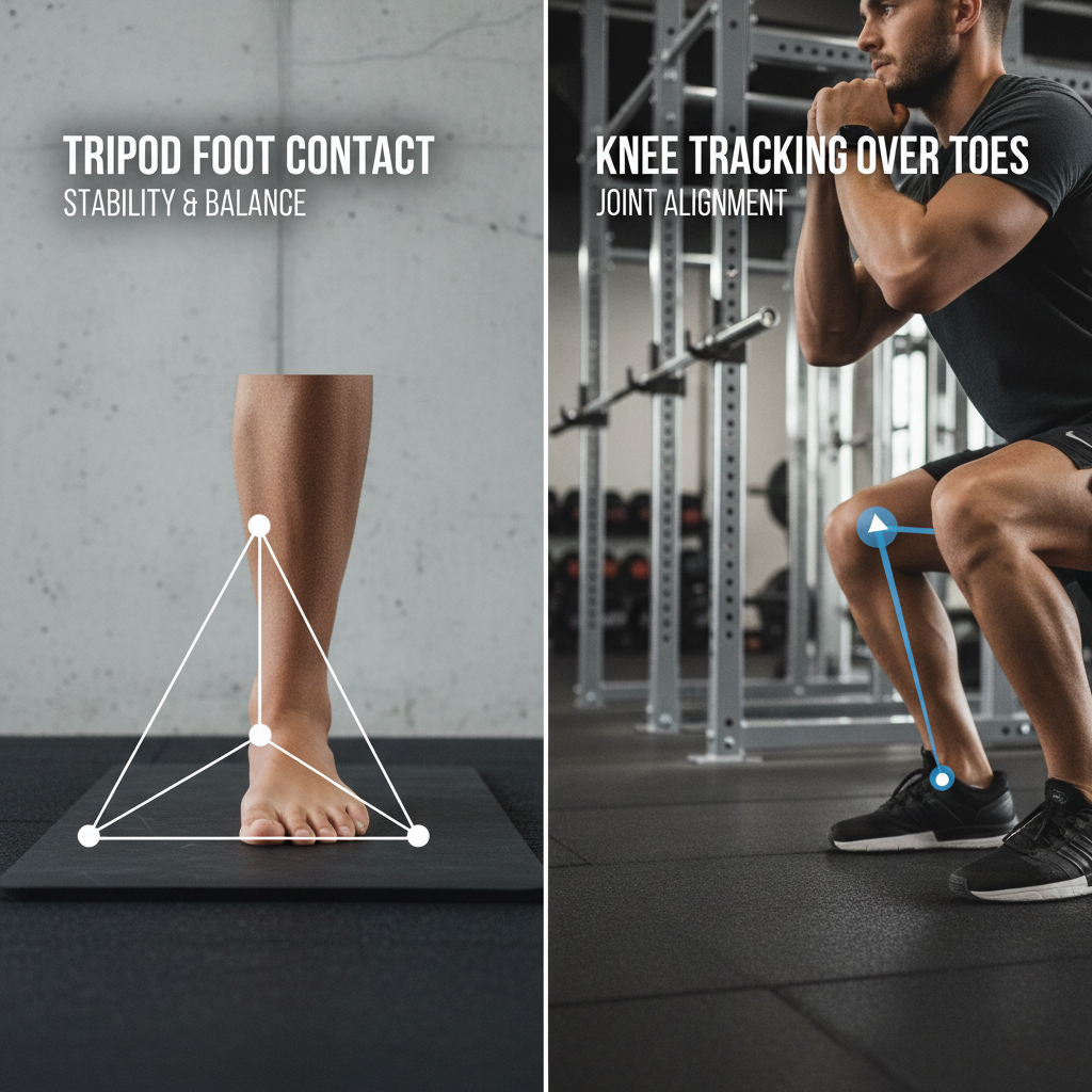 Glute-focused squat cues showing knee tracking and tripod foot