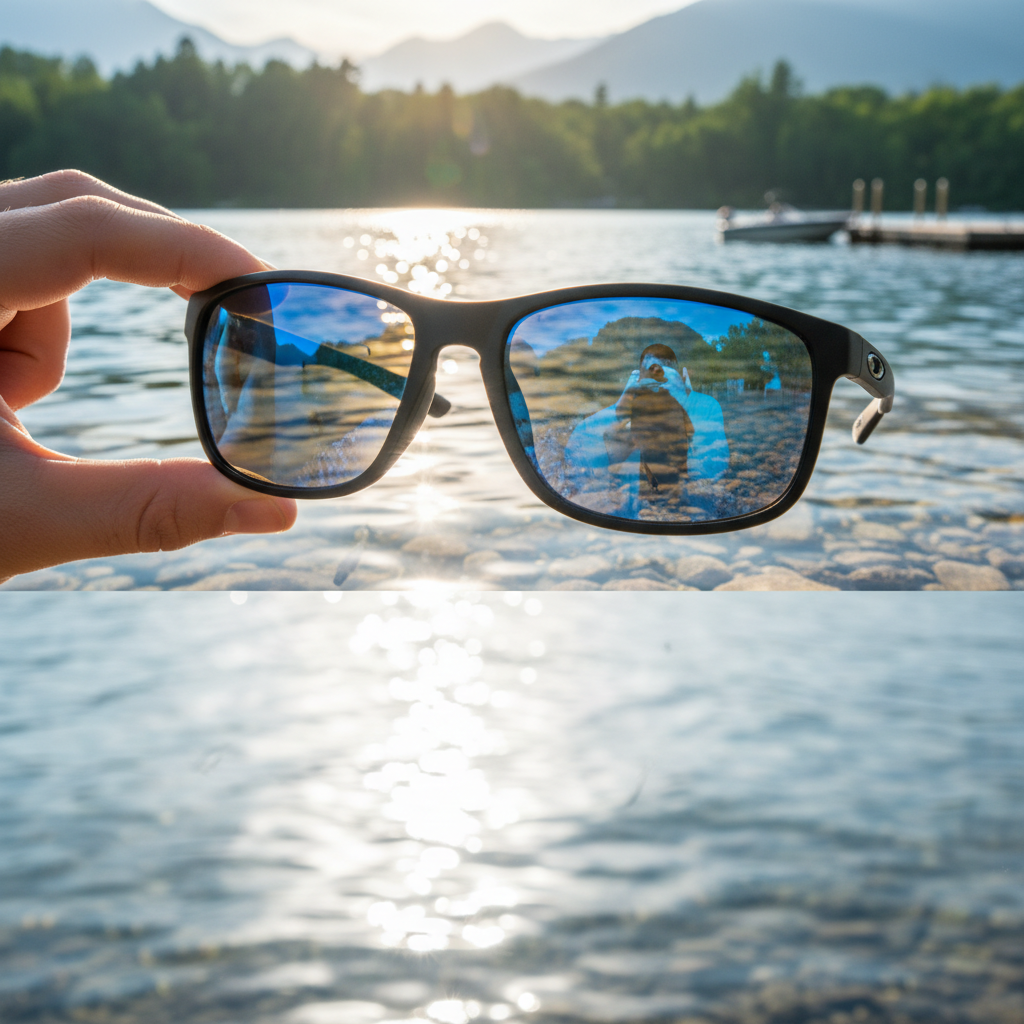 Close-up of polarized sport sunglasses lens reducing glare on water