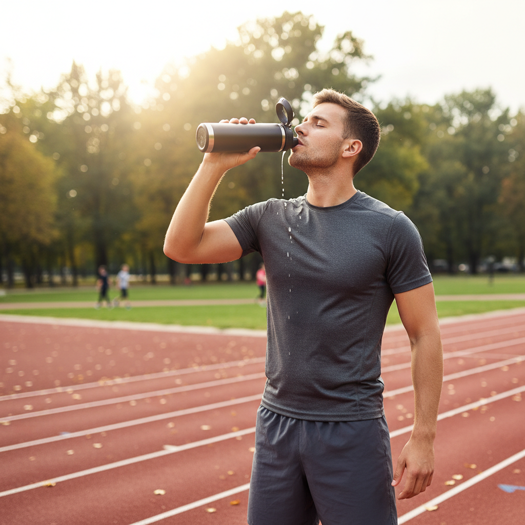 Athlete drinking from a leakproof water bottle during outdoor training