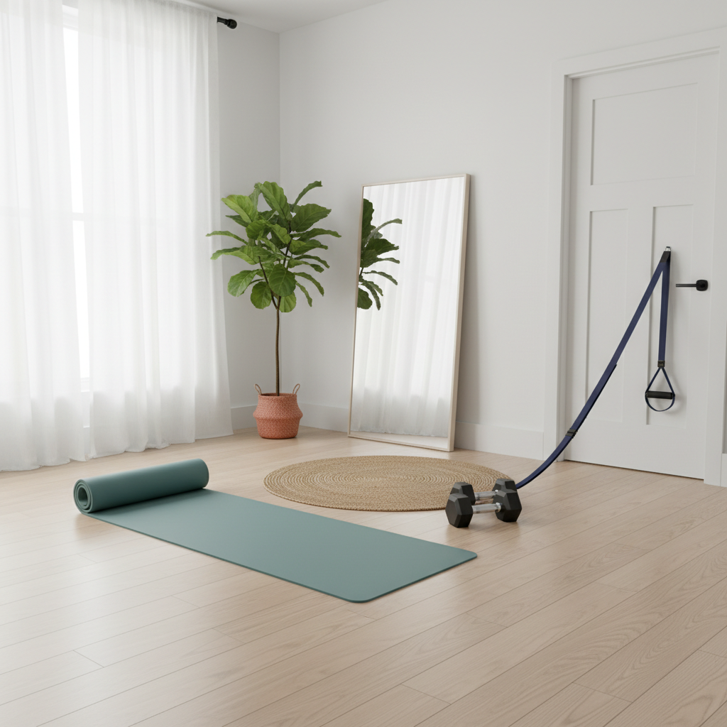 Beginner-friendly home setup for core strength training with a mat and resistance band