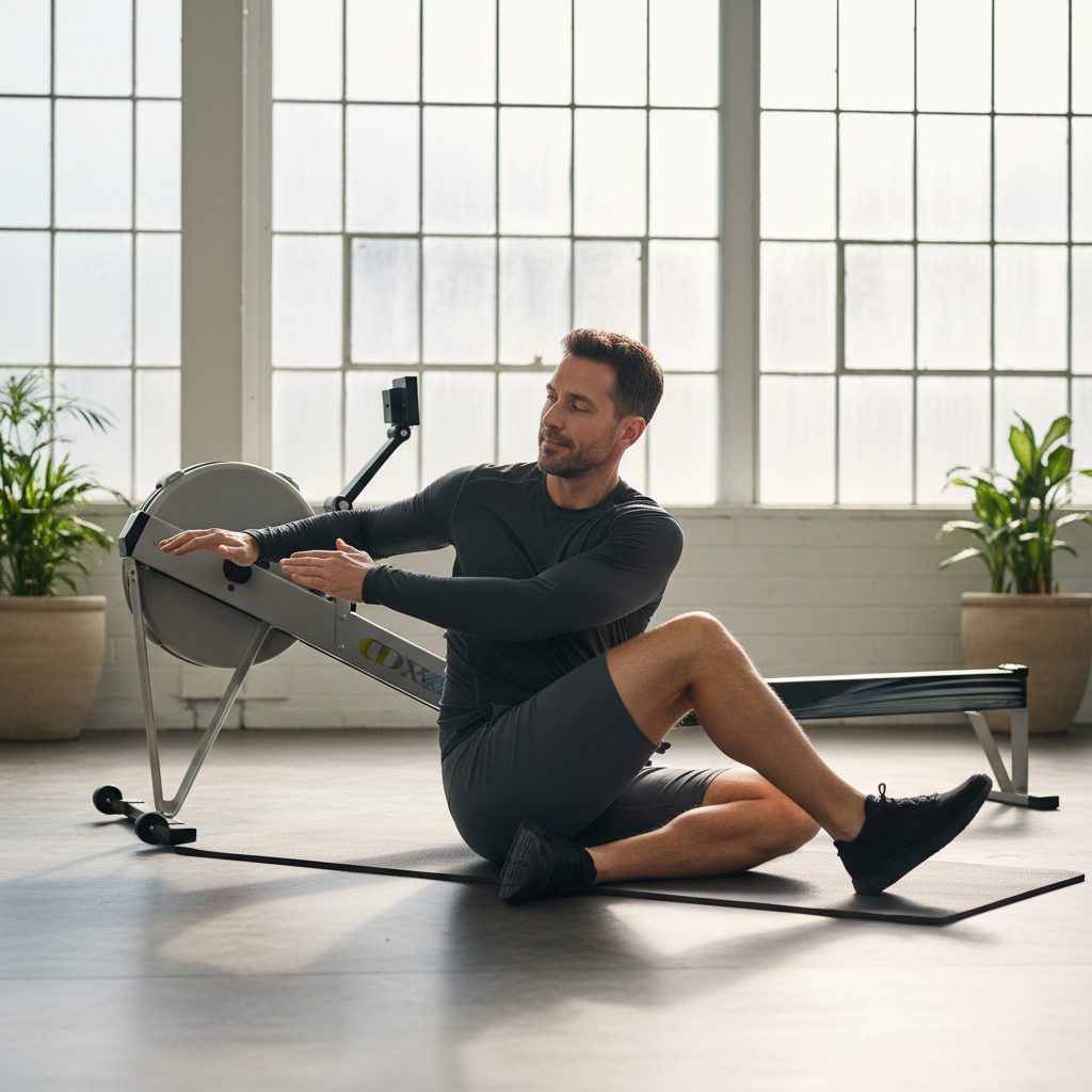 Person doing post-row cooldown stretching focusing on hips and upper back in a gym