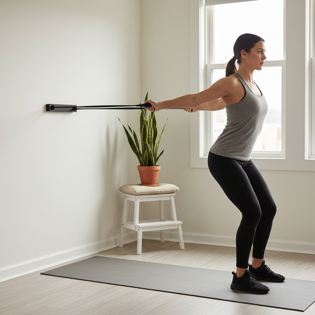 Low-impact small space fitness workout with resistance bands