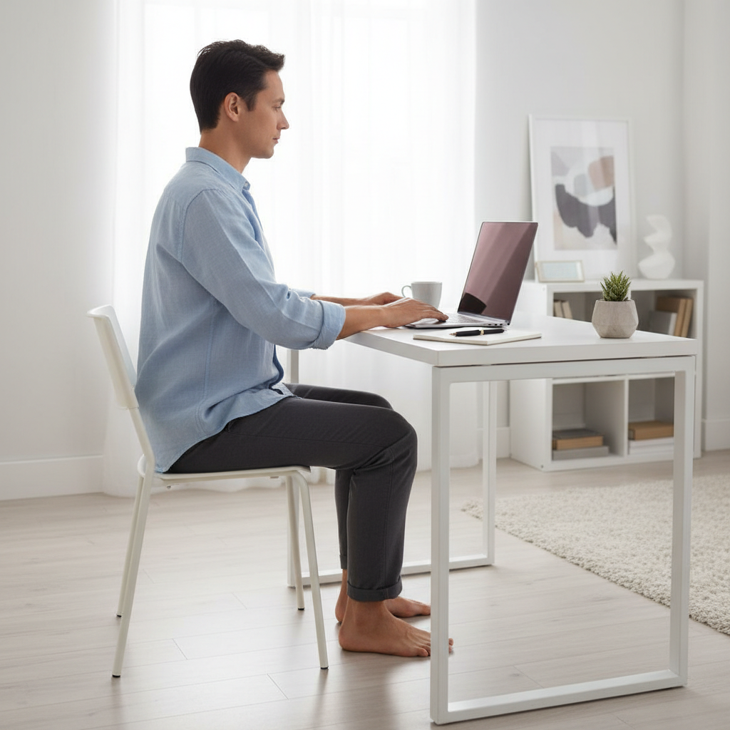 Desk posture check with neutral spine and relaxed shoulders