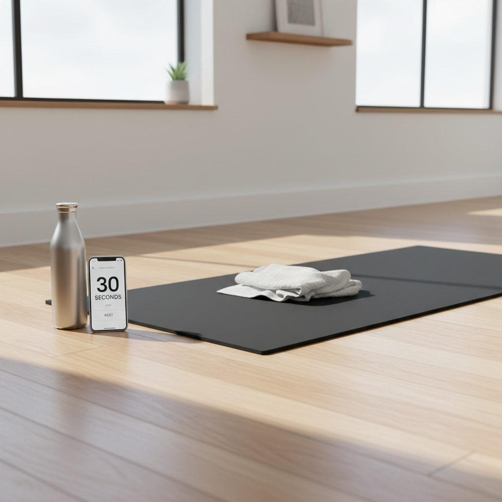 Home workout setup for a bodyweight core workout with mat and timer