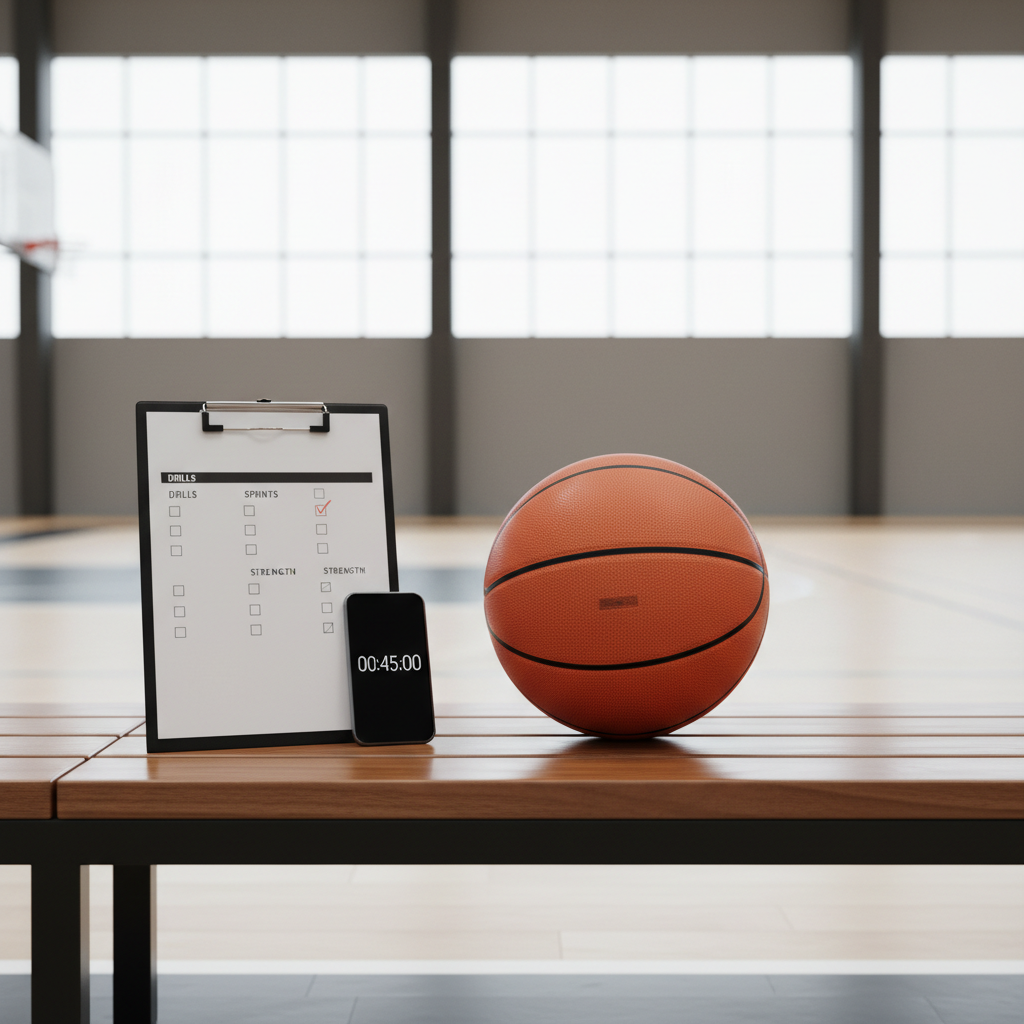 Beginner basketball workout plan with drills and tracking sheet concept