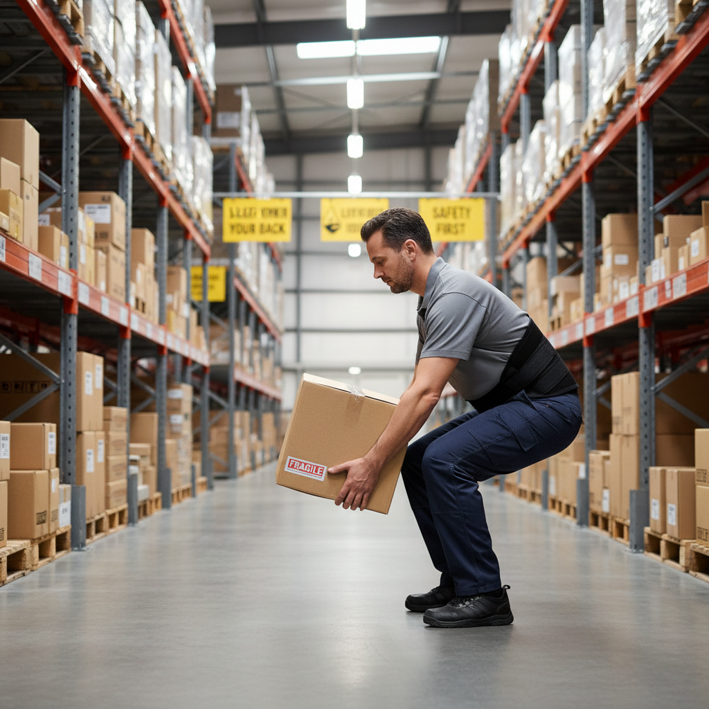 Warehouse worker using back support brace while lifting a box safely