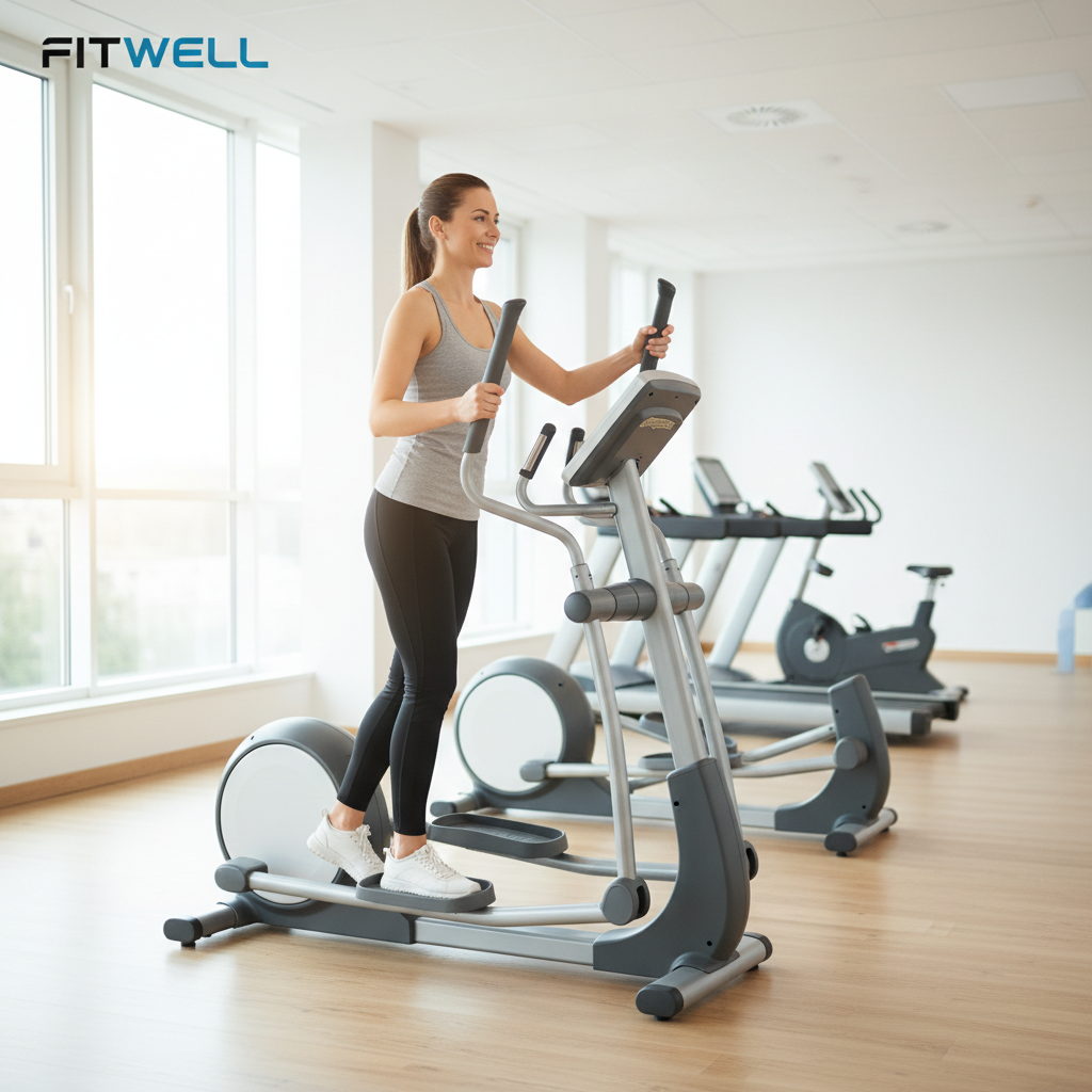 Beginner using an elliptical trainer in a bright gym setting