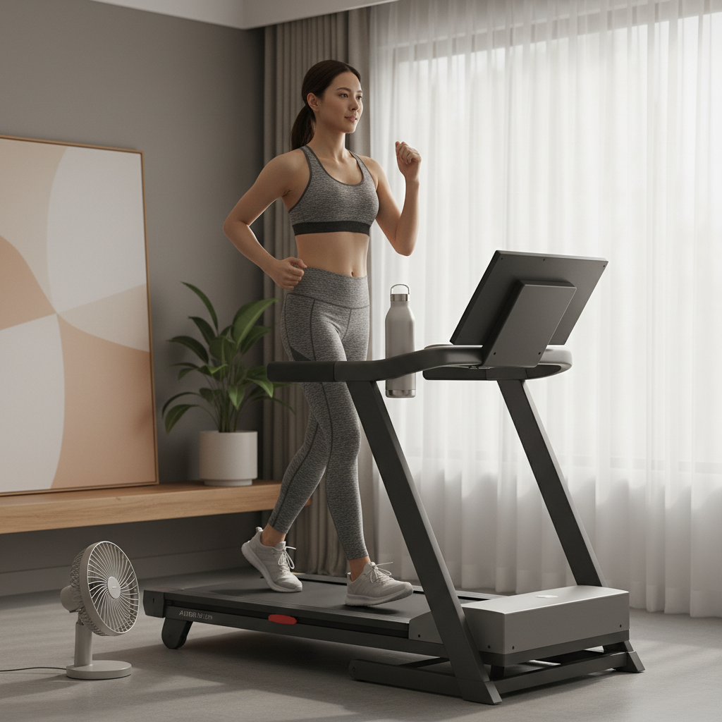 Person power-walking on a compact treadmill at home with a small fan and water bottle