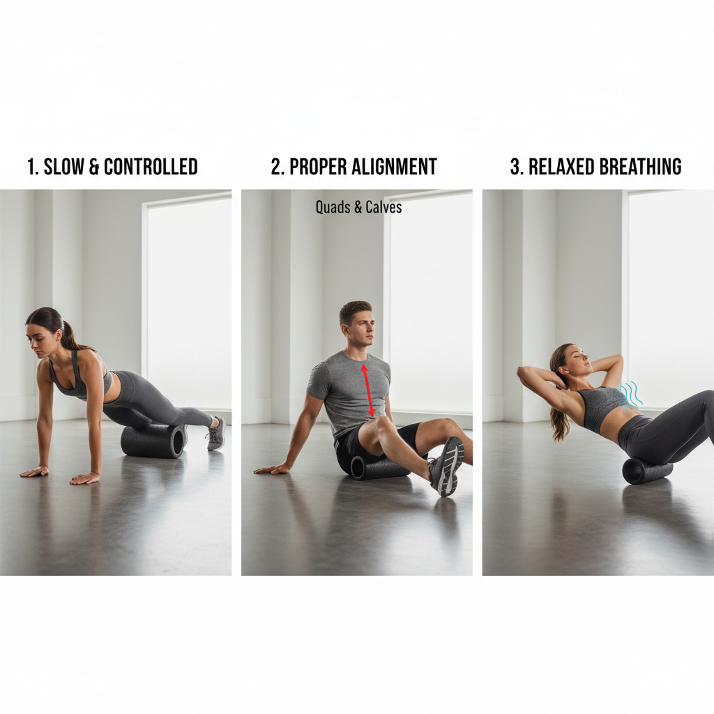 Foam rolling technique cues: slow pace, controlled pressure, proper body position