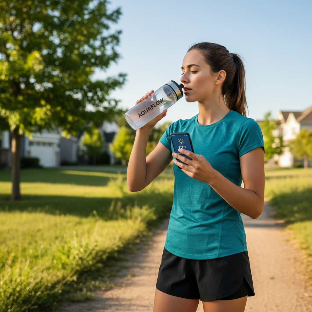 Runner hydrating and checking weather during outdoor workout