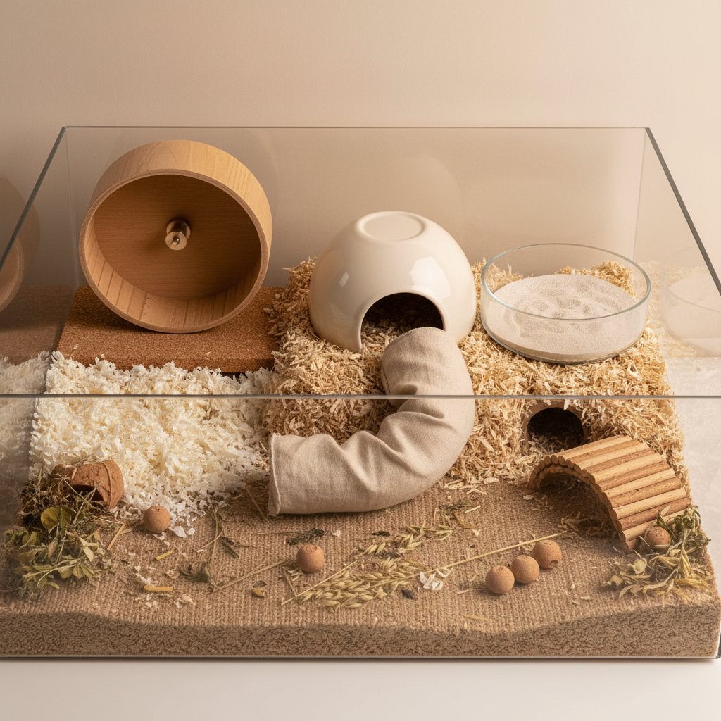 Hamster cage zoning example with wheel area hideout and sand bath placement