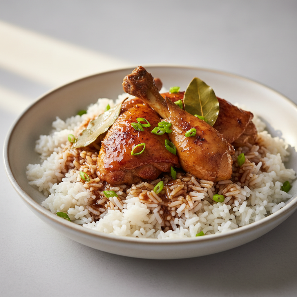 Bowl of chicken adobo served over white rice with glossy sauce
