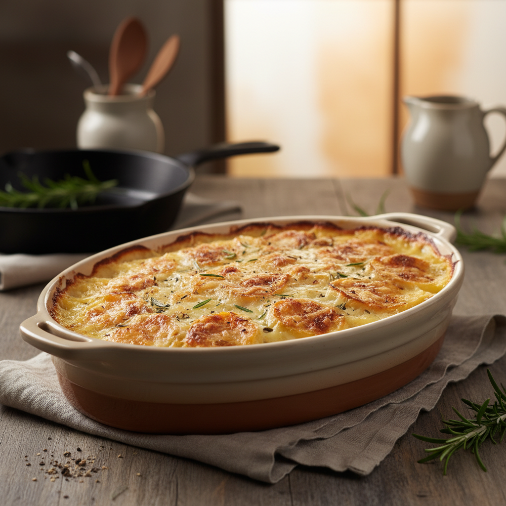 Cheesy scalloped potatoes baking in a casserole dish with golden top