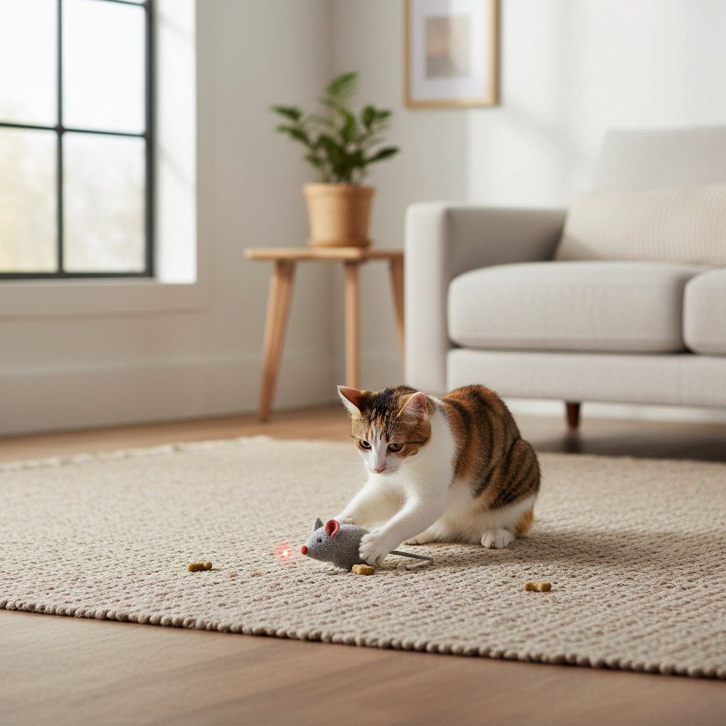 Cat completing a laser play session by catching a physical toy and getting a treat