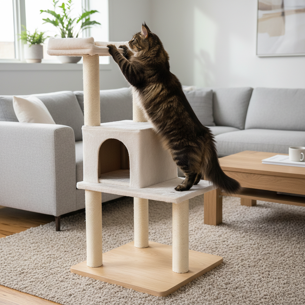 Large cat climbing a stable indoor cat tree with a wide base in a living room