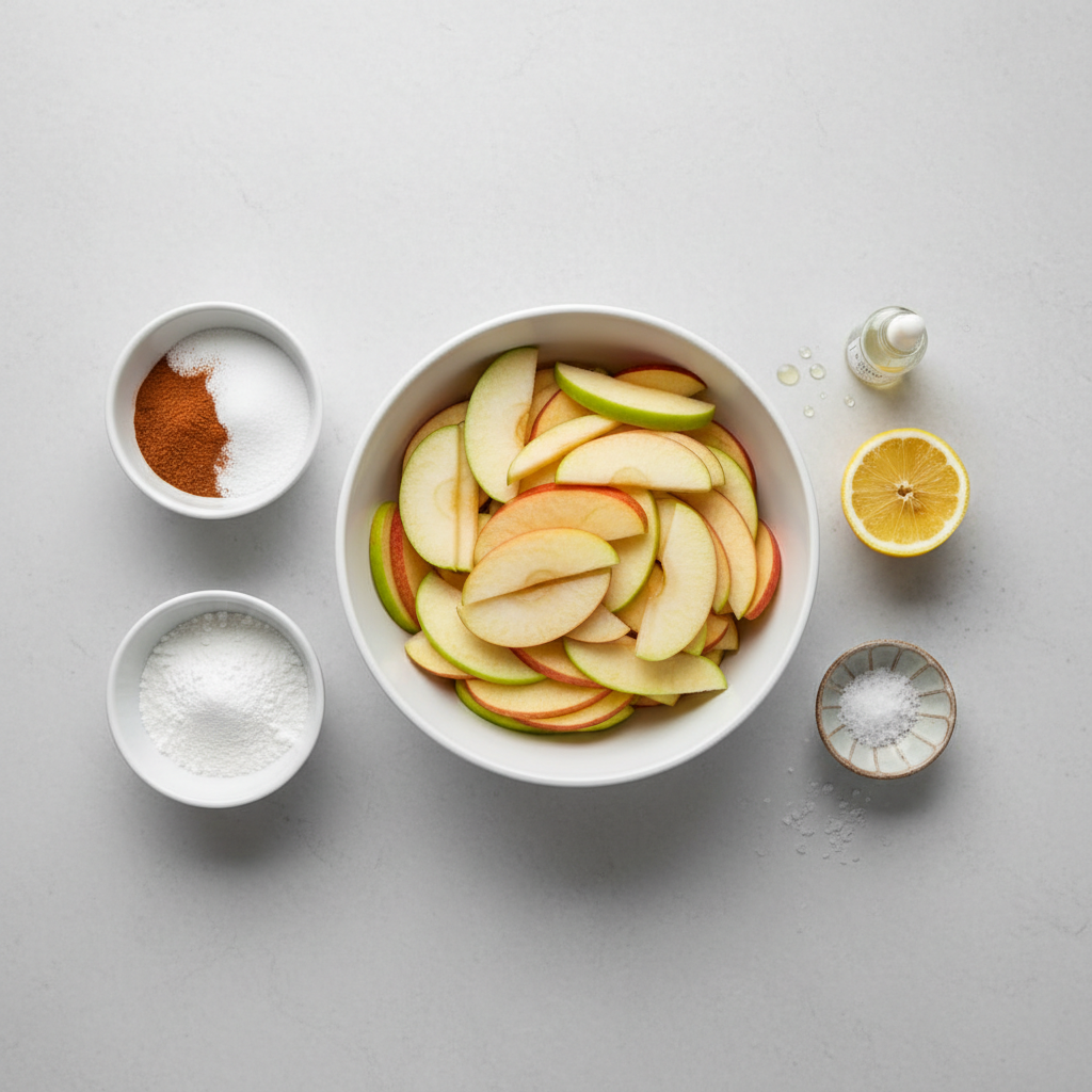 Apple pie filling ingredients with sliced apples, cinnamon, sugar, and cornstarch in bowls