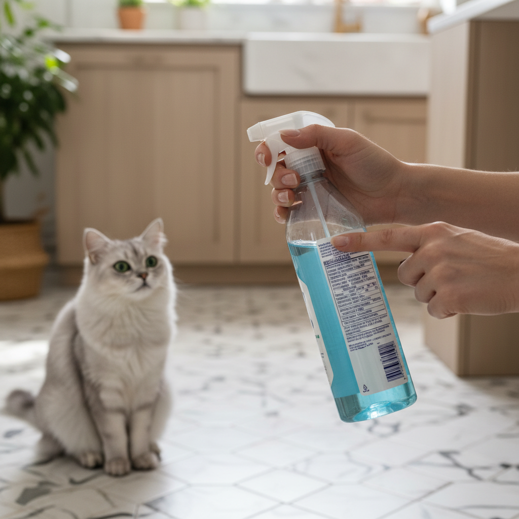 Close-up of reading an ingredient label on a household cleaner with a cat nearby