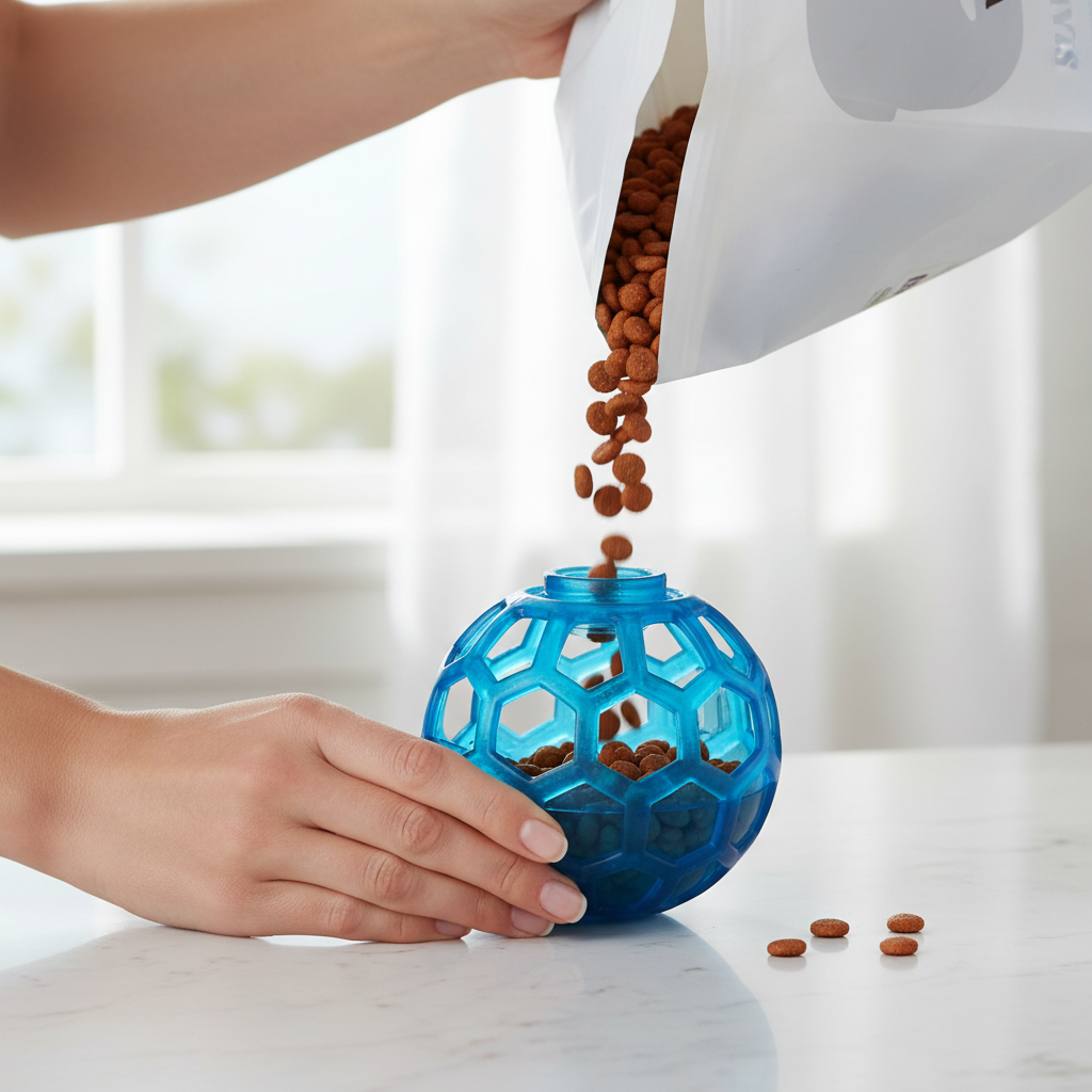 Setting difficulty on a dog treat dispenser ball and adding kibble