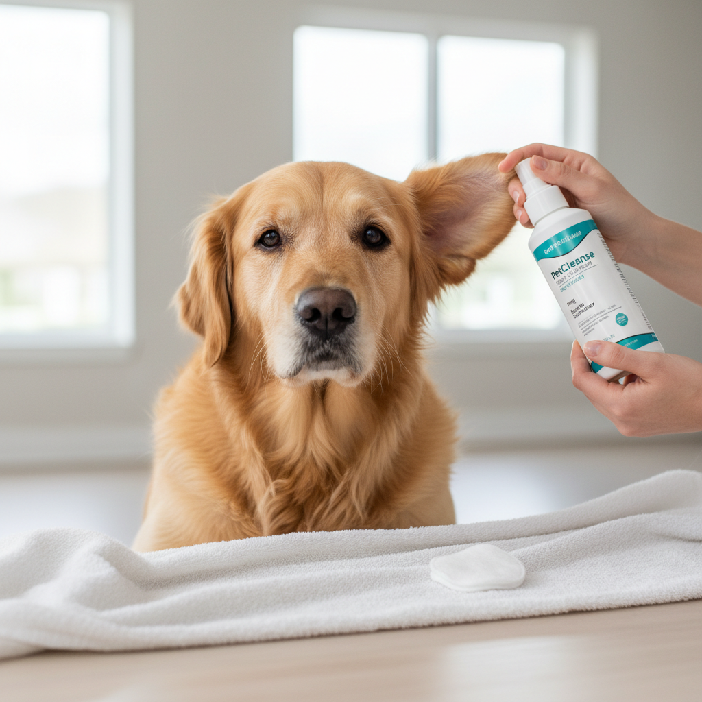 Dog ear cleaning technique with cotton pad and ear cleaner bottle