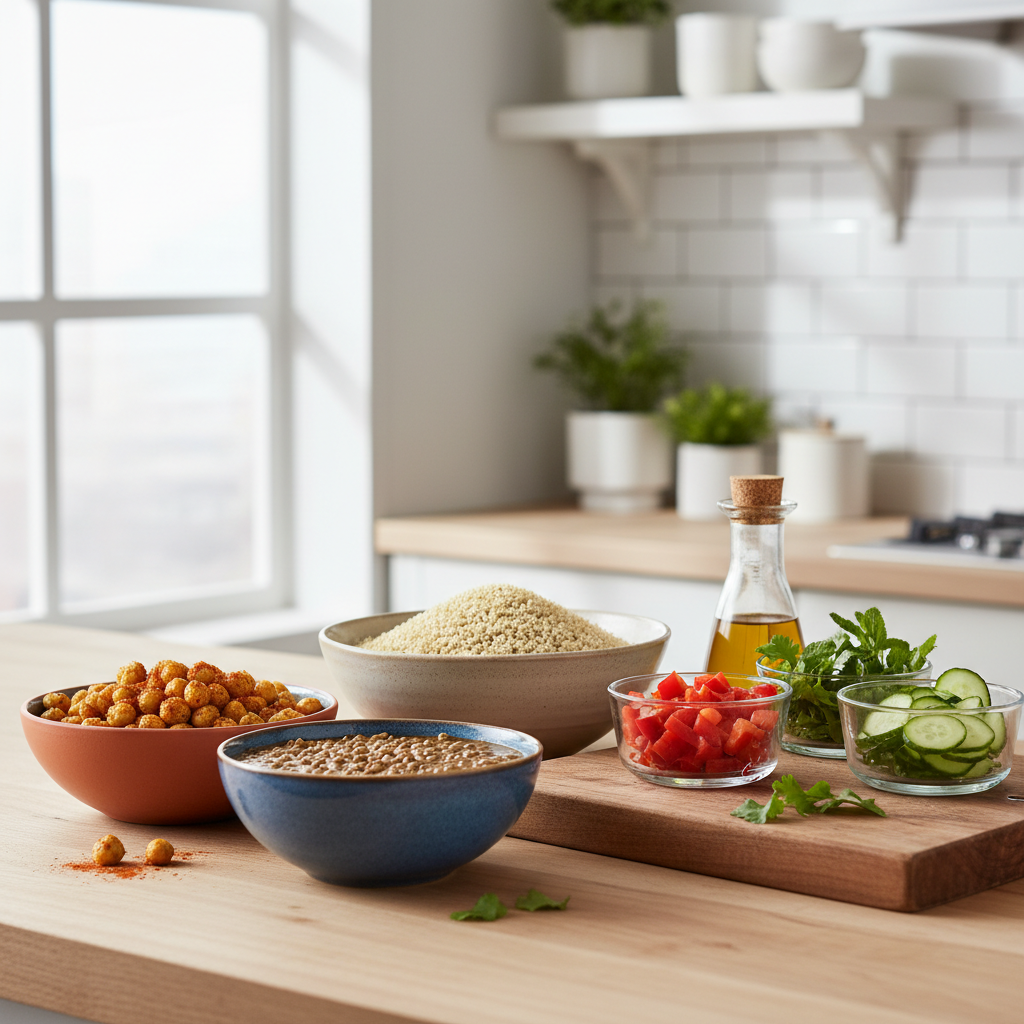 Colorful healthy vegetarian dishes on a kitchen counter with grains, beans, and vegetables