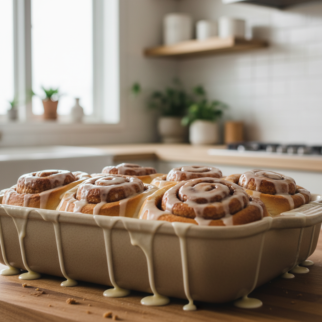 No-yeast cinnamon rolls on a baking dish with vanilla glaze