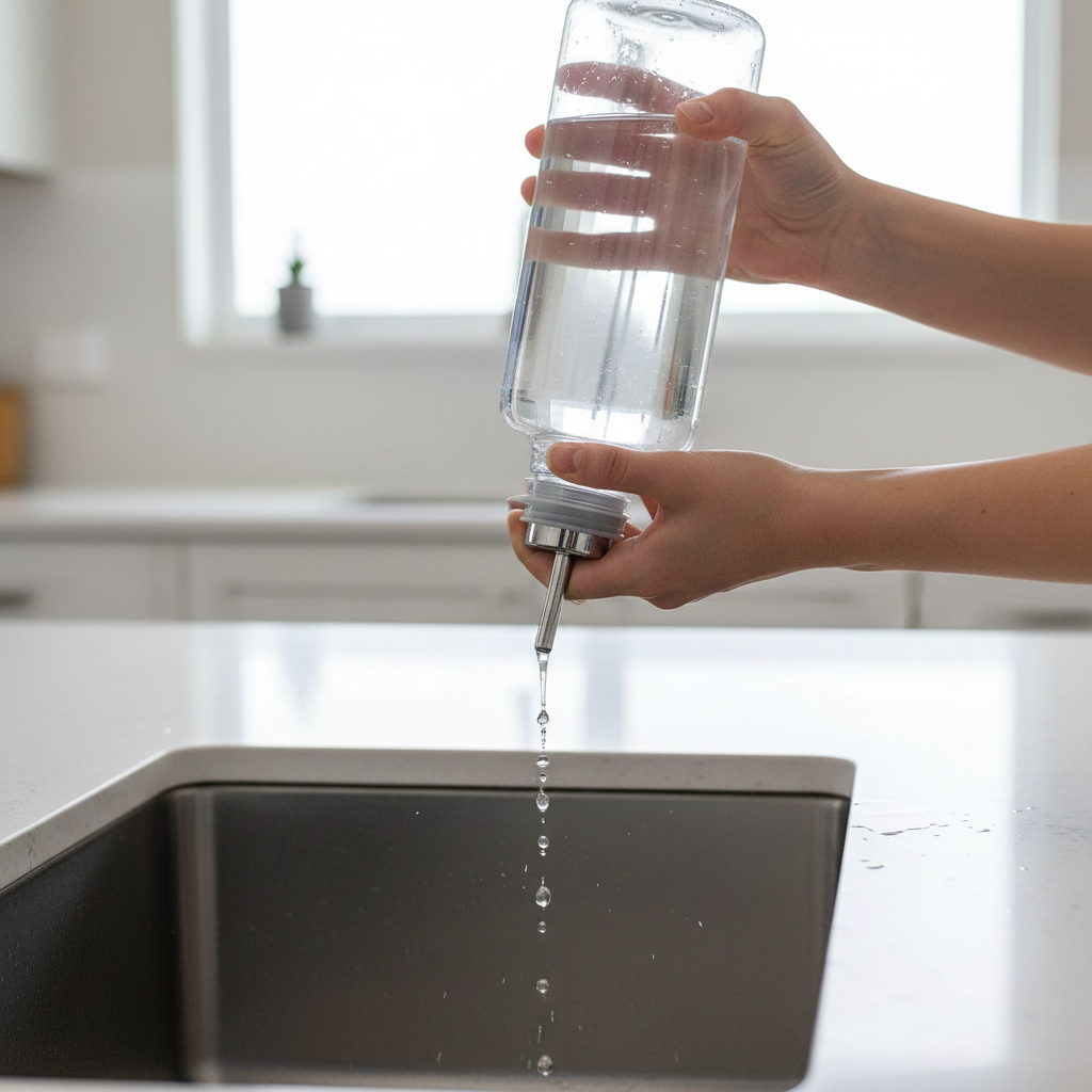 Hand performing a leak test on a large drip-proof ferret water bottle over a sink