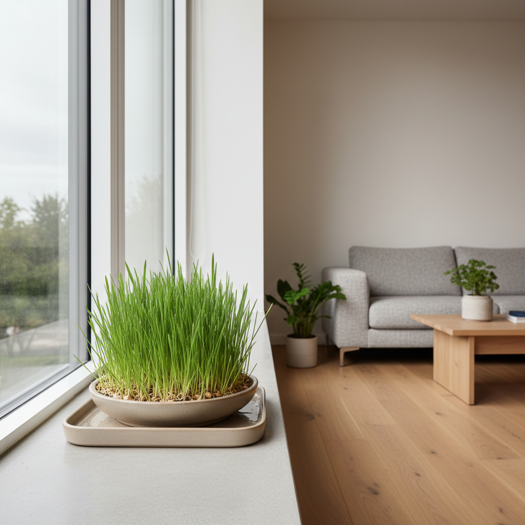 Freshly sprouted cat grass in a shallow tray near a bright window