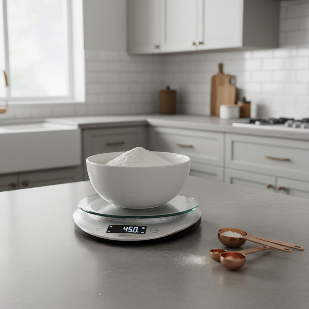Measuring flour for chocolate chip cookies with a kitchen scale