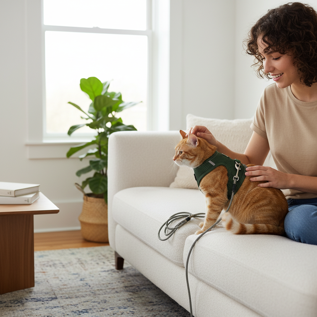 Owner rewarding a cat during indoor harness training