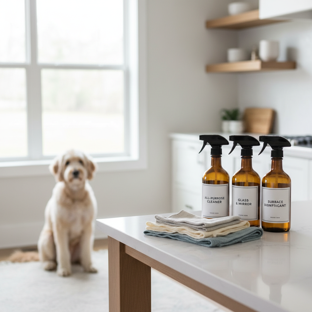Pet-safe home cleaning setup with spray bottles and a dog in the background