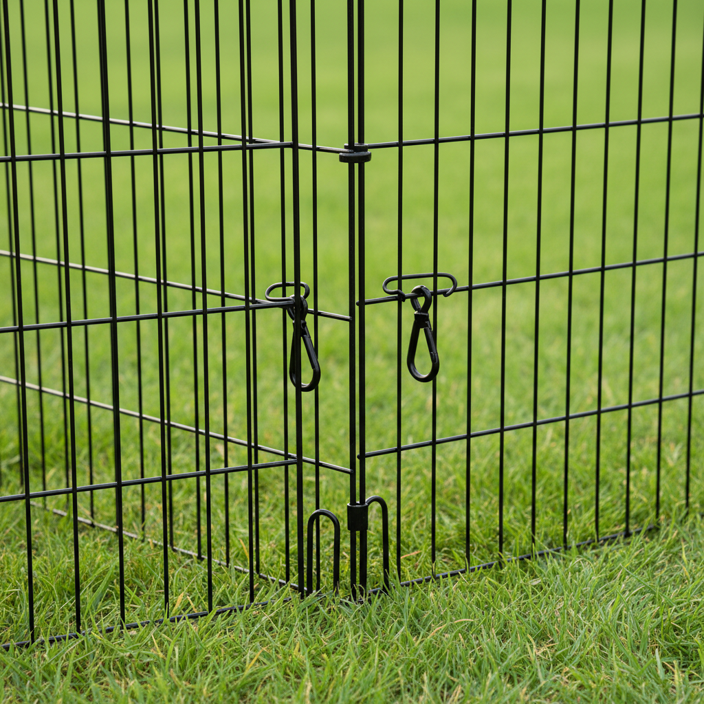 Anchored outdoor rabbit playpen with ground stakes and secure panel connections