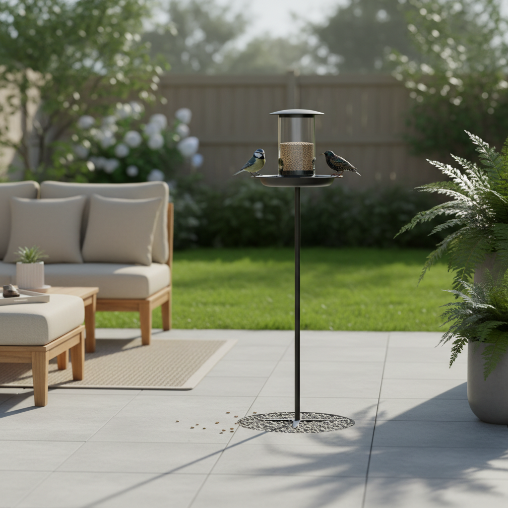 Clean patio with a no-mess bird seed feeder setup