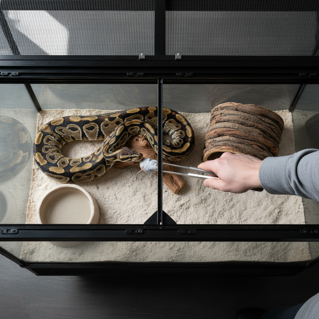 Top-down view of snake enclosure showing keeper hand staying outside the opening while using feeding tongs