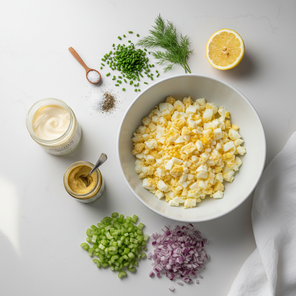 Egg salad ingredients laid out on a counter with chopped eggs, mayo, mustard, and celery