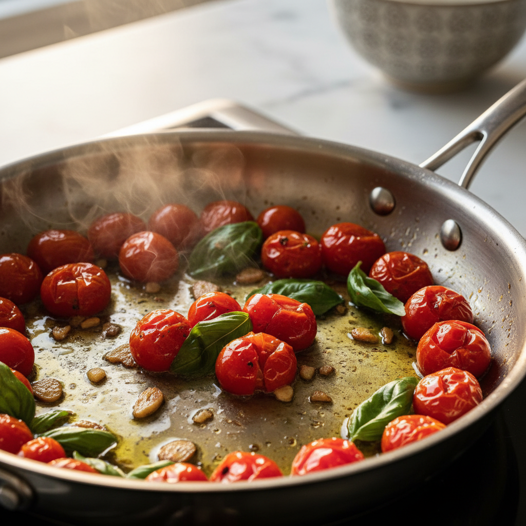 Blistered cherry tomato pasta sauce in a skillet