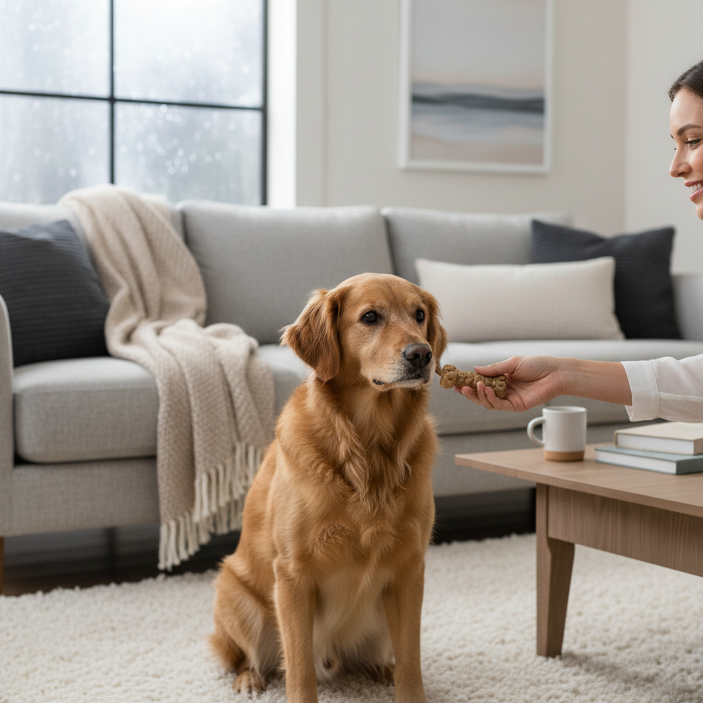Dog looking nervous during a thunderstorm while owner offers calming chew