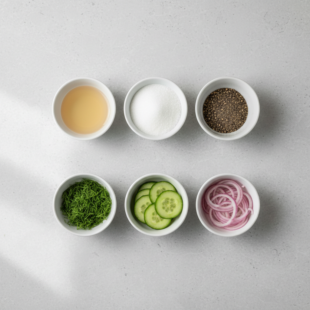 Cucumber salad vinegar dressing ingredients in small bowls