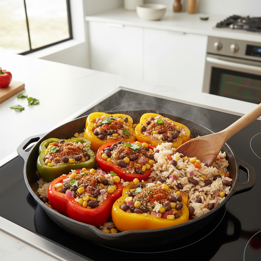 Skillet vegetarian filling for stuffed bell peppers simmering